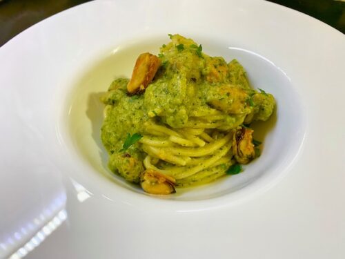 Spaghetti crema di zucchine e cozze